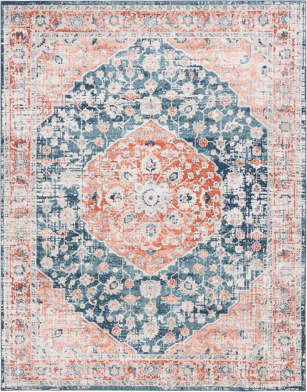 Madison Collection Area Rug, Navy & Rust, Oriental Distressed Medallion Design, Non-Shedding & Easy Care