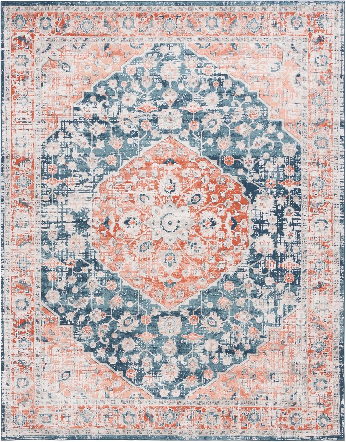 Madison Collection Area Rug, Navy & Rust, Oriental Distressed Medallion Design, Non-Shedding & Easy Care