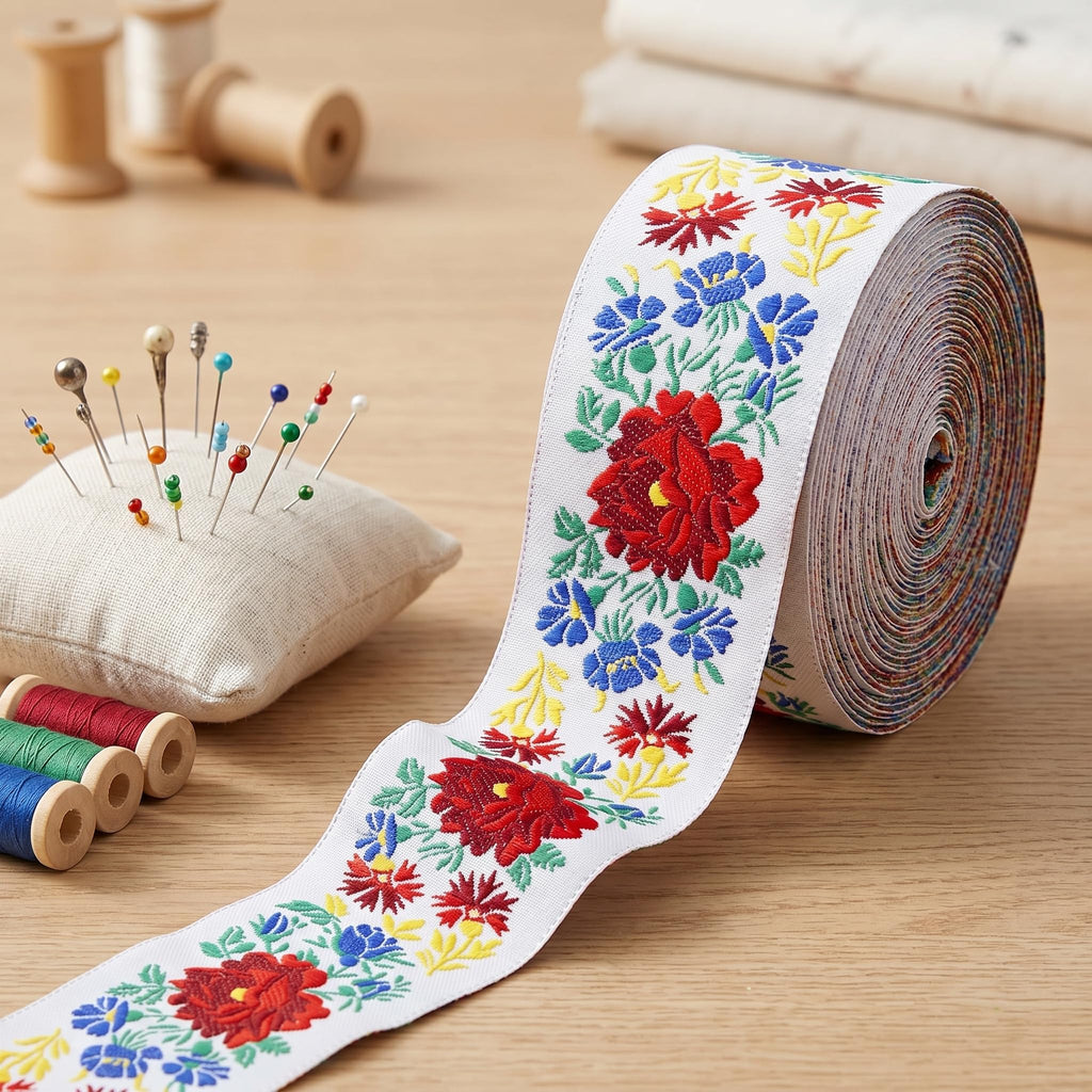 Vintage Jacquard Ribbon Trim, Woven Floral Boho Fabric Ribbon for Sewing, Crafts, Bags, Upholstery & Home - 10 Yards