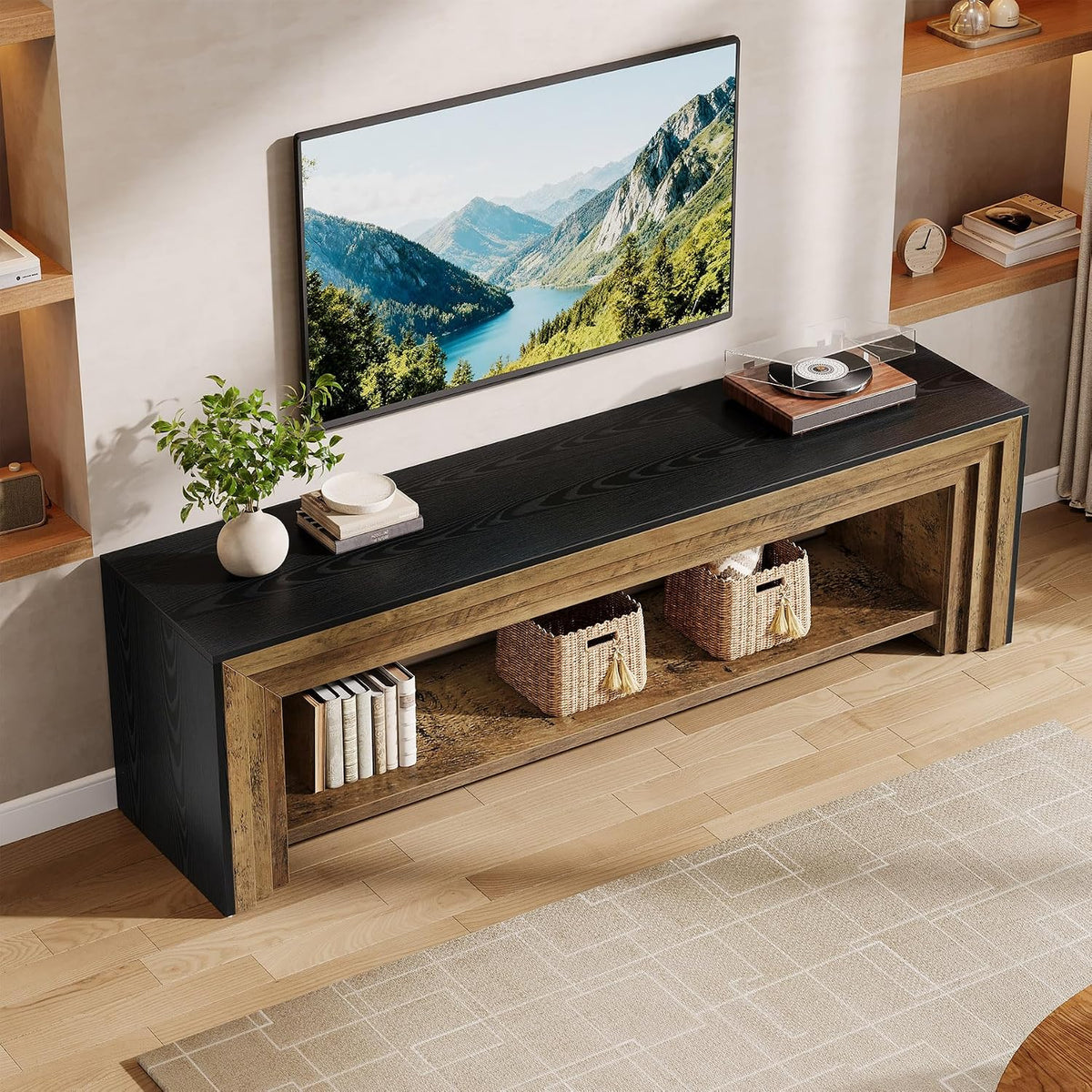 70" Long TV Stand for 75-Inch TV, Farmhouse Entertainment Center | Low Media Console Wooden Television Stand for Living Room, Bedroom Open Storage Shelves, Two-Tone Design Rustic Brown & Black