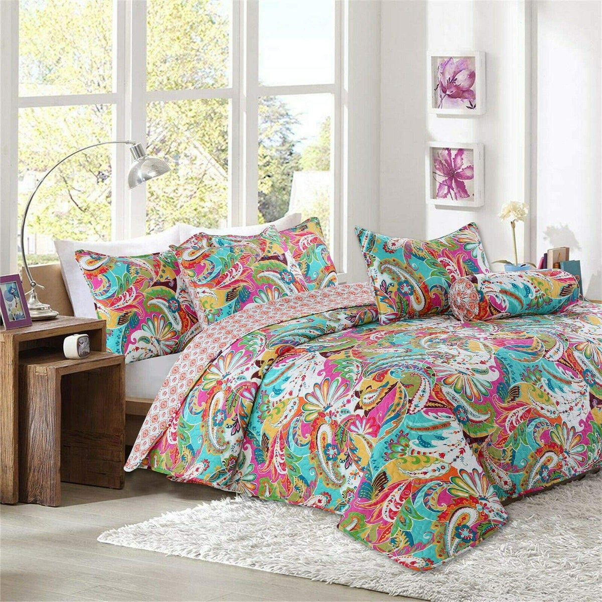 Gorgeous Paisley Floral Bloom Reversible Quilt Bedding Set, Bedspread Coverlet Lightweight for All Seasons (Flourish