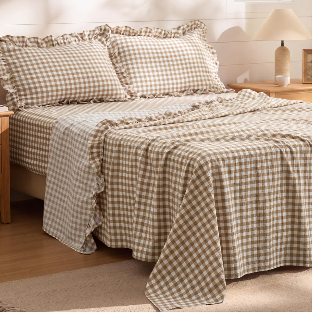 Gingham Sheets, 4 Piece Brown Ruffle Farmhouse Bedsheet