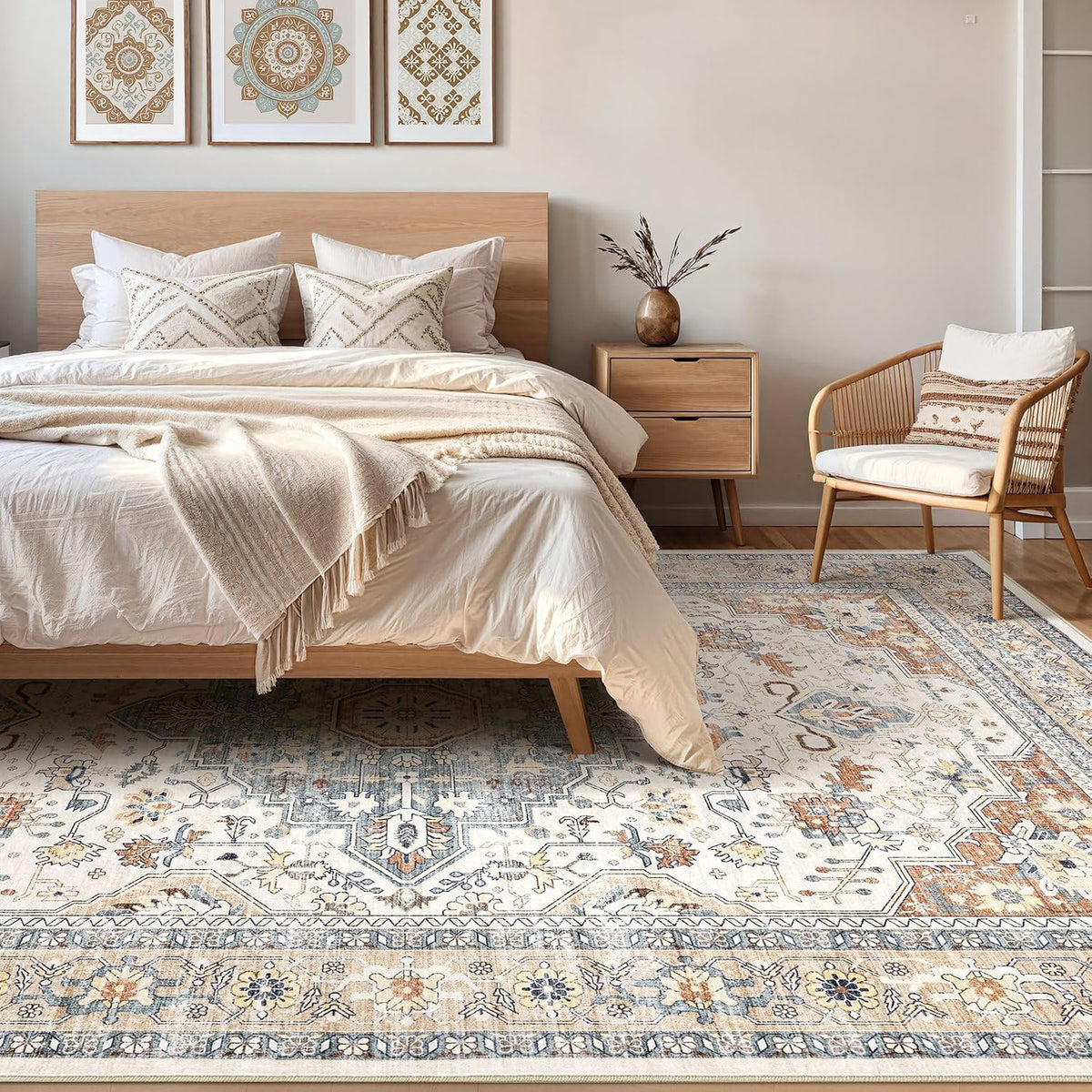 Area Rug Washable Vintage Boho Living Room Rug Beige Blue