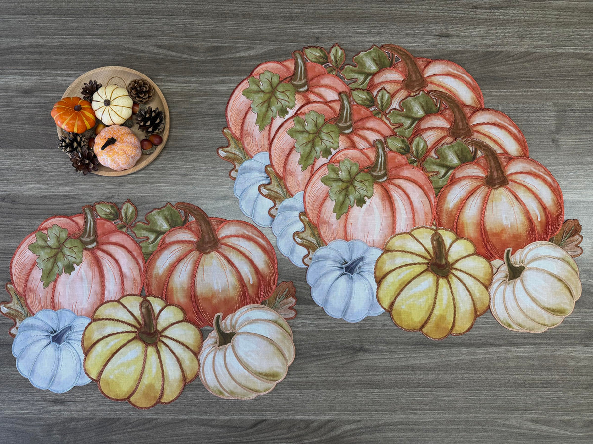 Fall Placemats Set of 4, 13x19 Inch Autumn Pumpkin Cutwork Embroidered Placemats, Harvest Thanksgiving Table Decor