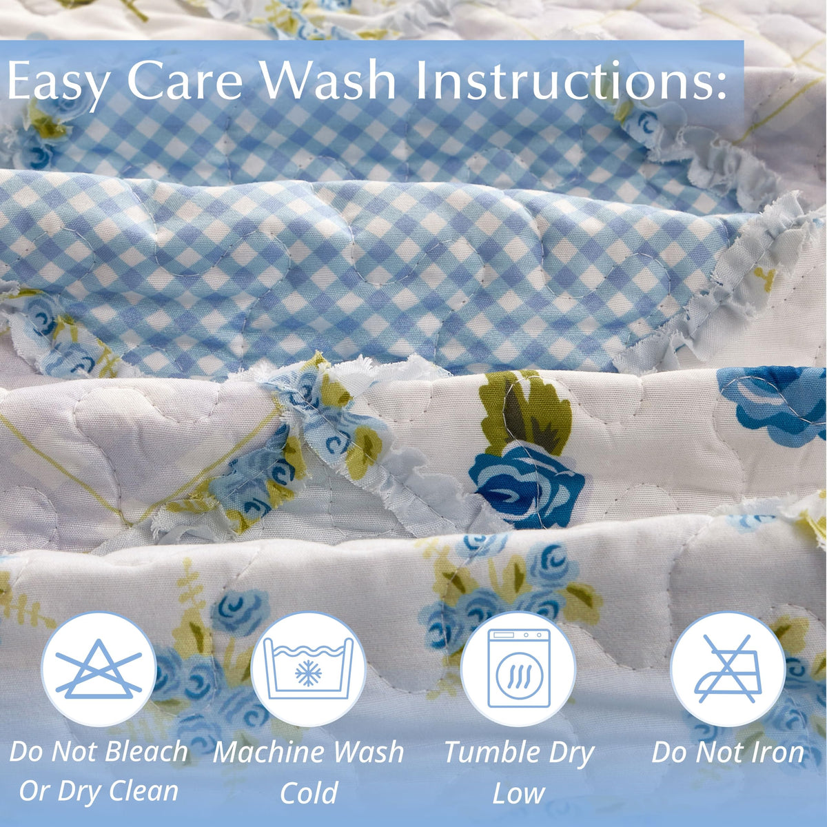 Garden of Blues 2-Piece Quilt Bedding Set - Shabby Chic Floral Patchwork Reversible Coverlet with 1 Matching