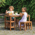 Kids Outdoor Craft Table and 2 Bench Set: Acacia Wood Activity Desk w/Crate, Caddy, and Storage Shelves | Kids Play &