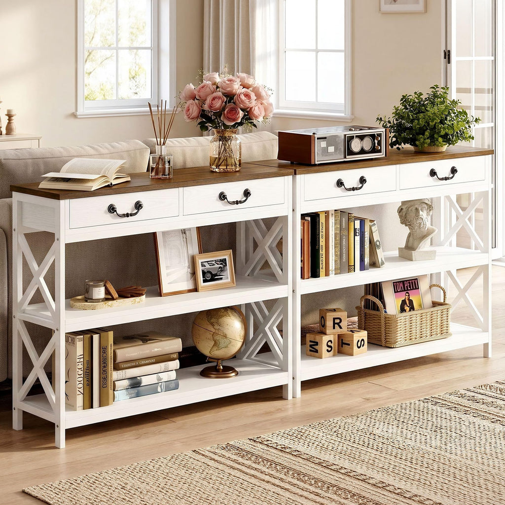 39.4" Farmhouse Console Table with Storage, White/Walnut