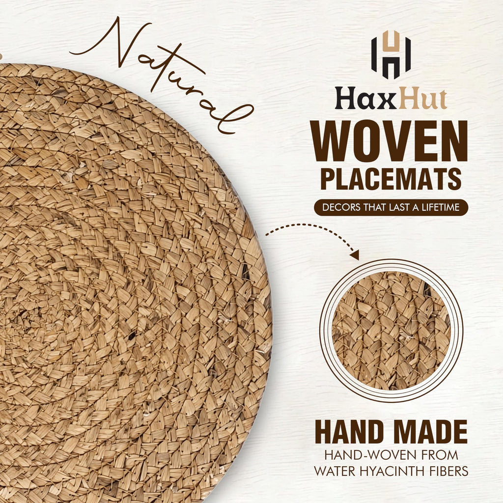 Round Woven Placemats Set of 4, Wicker Placemats for Dinner Plates | 13.5 Inch Natural Rattan Boho Style Braided