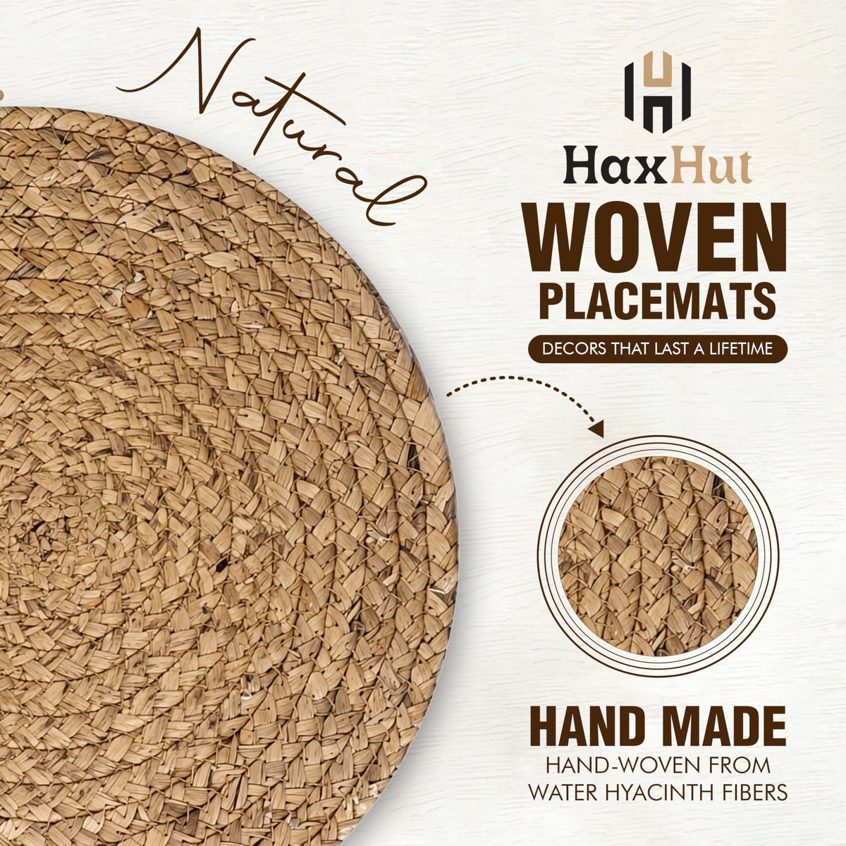 Round Woven Placemats Set of 4, Wicker Placemats for Dinner Plates | 13.5 Inch Natural Rattan Boho Style Braided