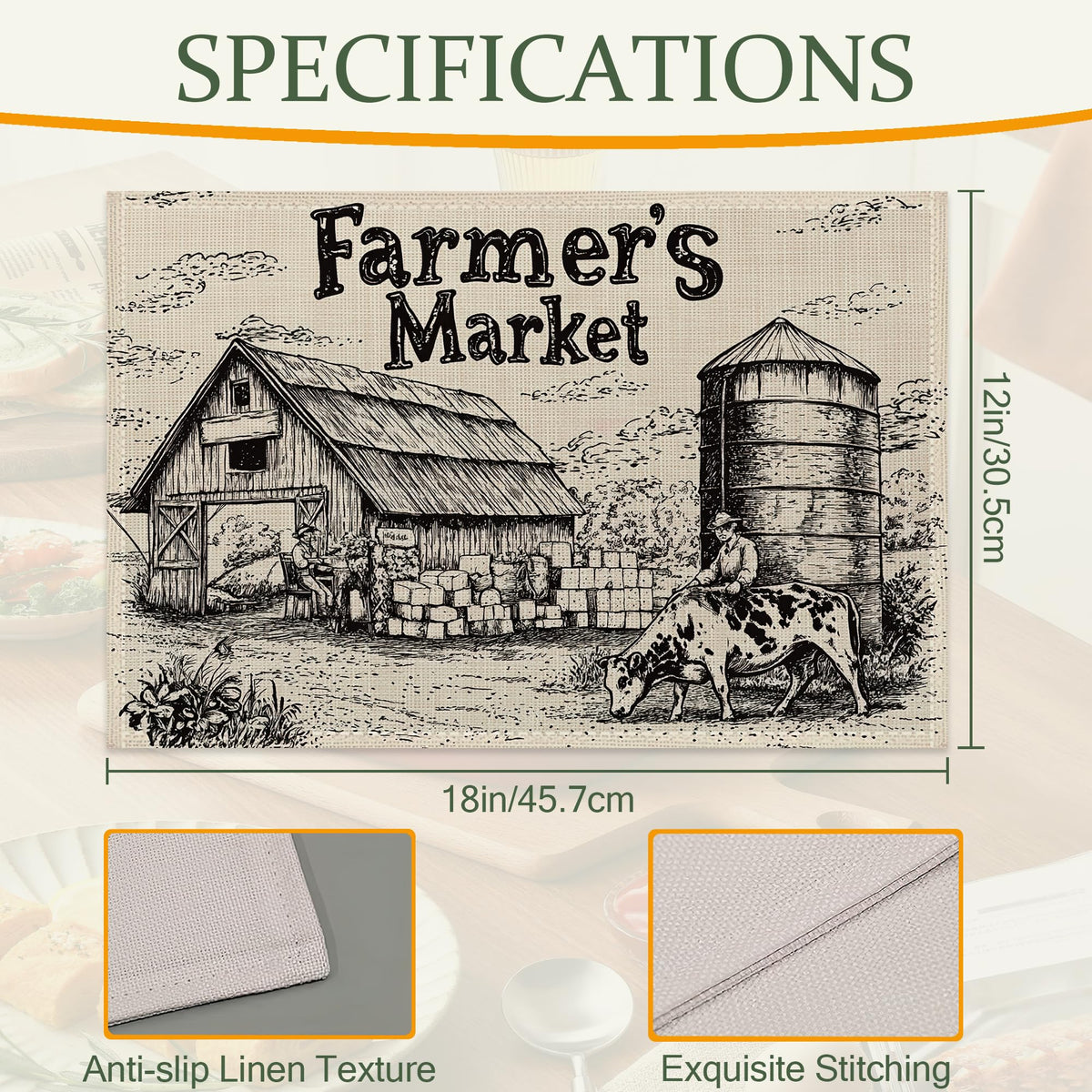 Vintage Farmhouse Cloth Placemats,Rustic Country Heat-Resistant Table Placemats Set of 6, Washable Linen Place Mats