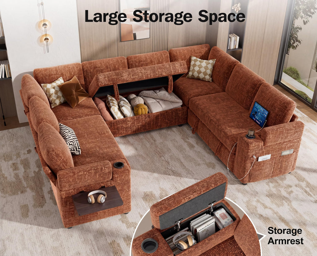111" Modular Sectional Sleeper Sofa with Pull Out Bed, 8 Seat Chenille U Shaped Couch with USB Ports|Cup Holders|Side