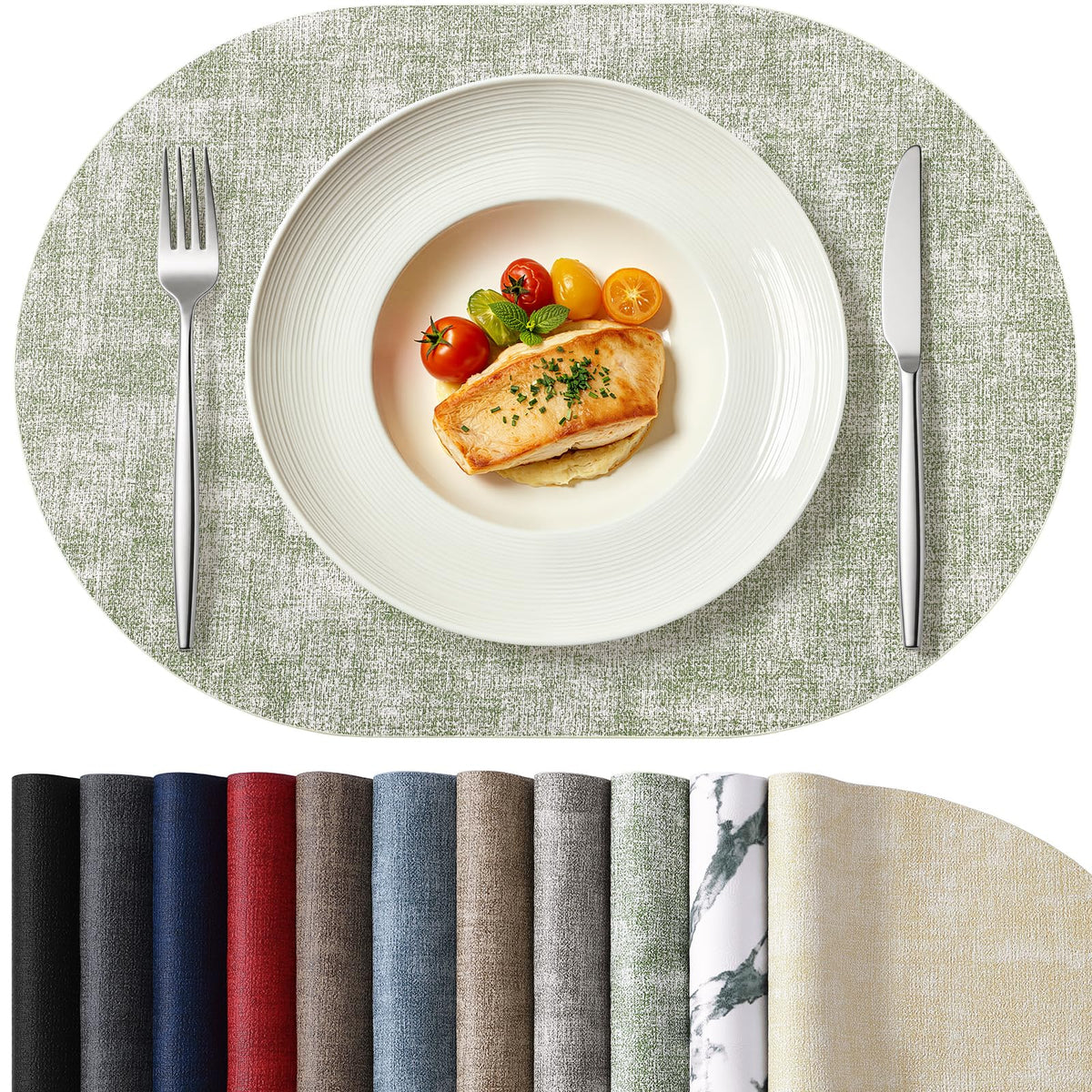 Oval Faux Leather Placemats Set of 6, Easy to Clean, Grass Green