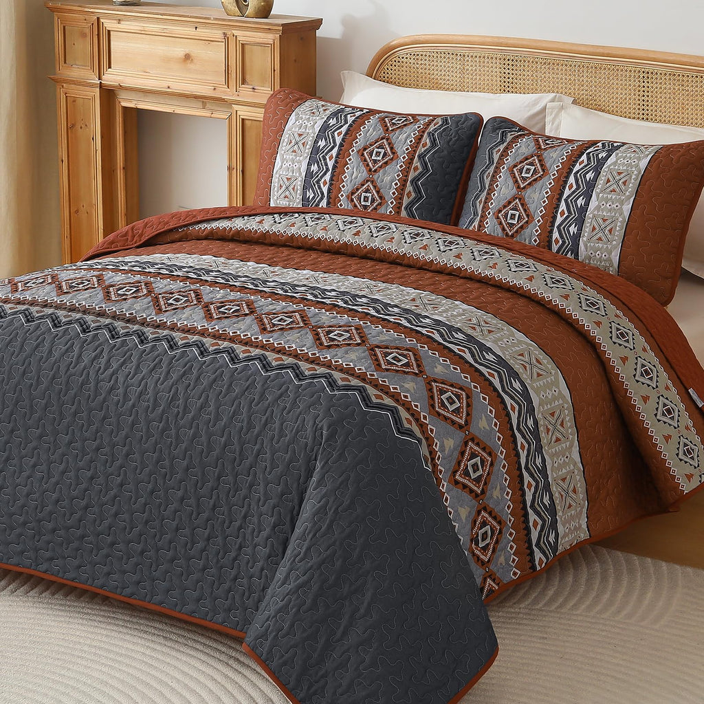 Queen Boho Quilt Set, Orange Grey Fall Thanksgiving Bedspread