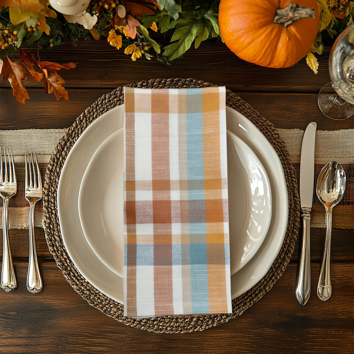 Harvest Plaid Cloth Napkin - 12 Pack 100% Cotton Dinner Napkin