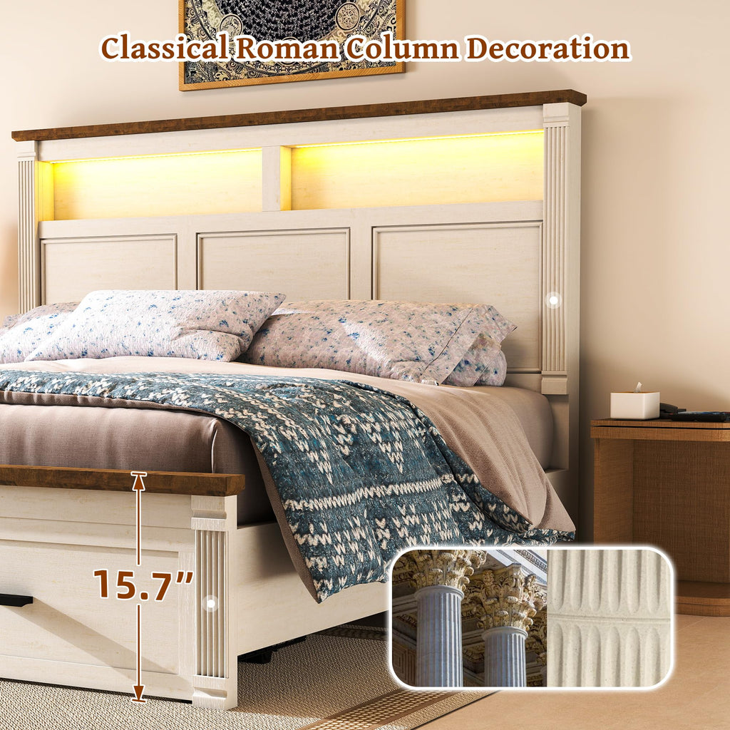 53.1" Tall Bed Frame with Farmhouse Roman Column Headboard, LED Lights, Charging Station, 2 Storage Drawers &