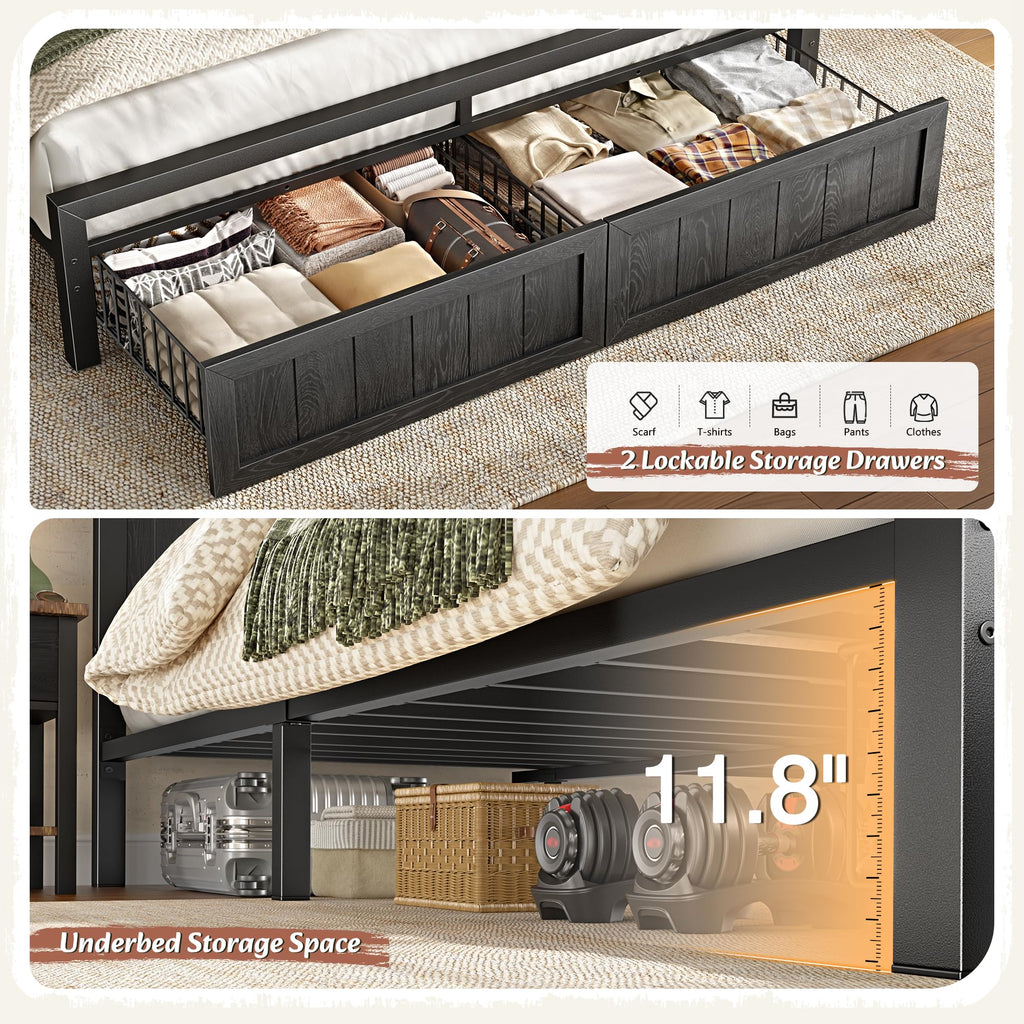 Farmhouse Bed Frame, 2 Storage Drawers, LED & Charging, Black