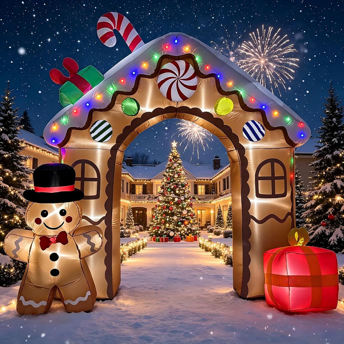 11FT Christmas Inflatable Gingerbread House Archway, Blow Up Cookie House with Candy Cane, Cute Bow Tie Gingerbread