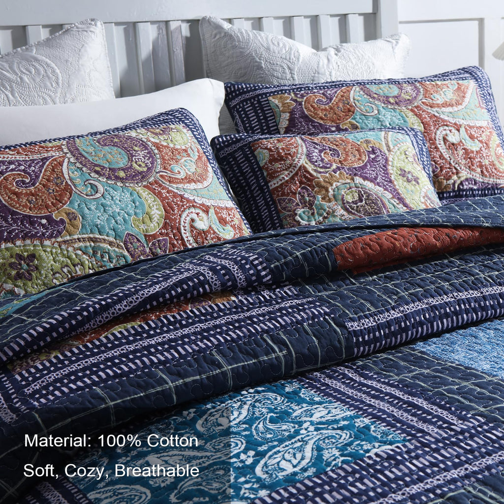 King Quilt Sets, 100% Cotton Quilts King Size, Navy Bedspreads, Patchwork with Retro Paisley Patterns, 3-Piece
