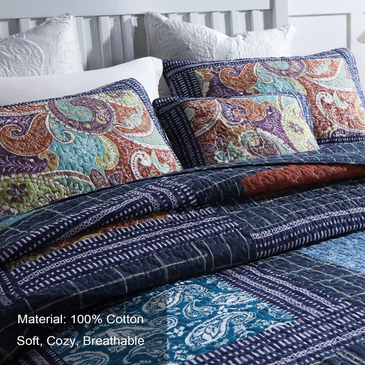 King Quilt Sets, 100% Cotton Quilts King Size, Navy Bedspreads, Patchwork with Retro Paisley Patterns, 3-Piece