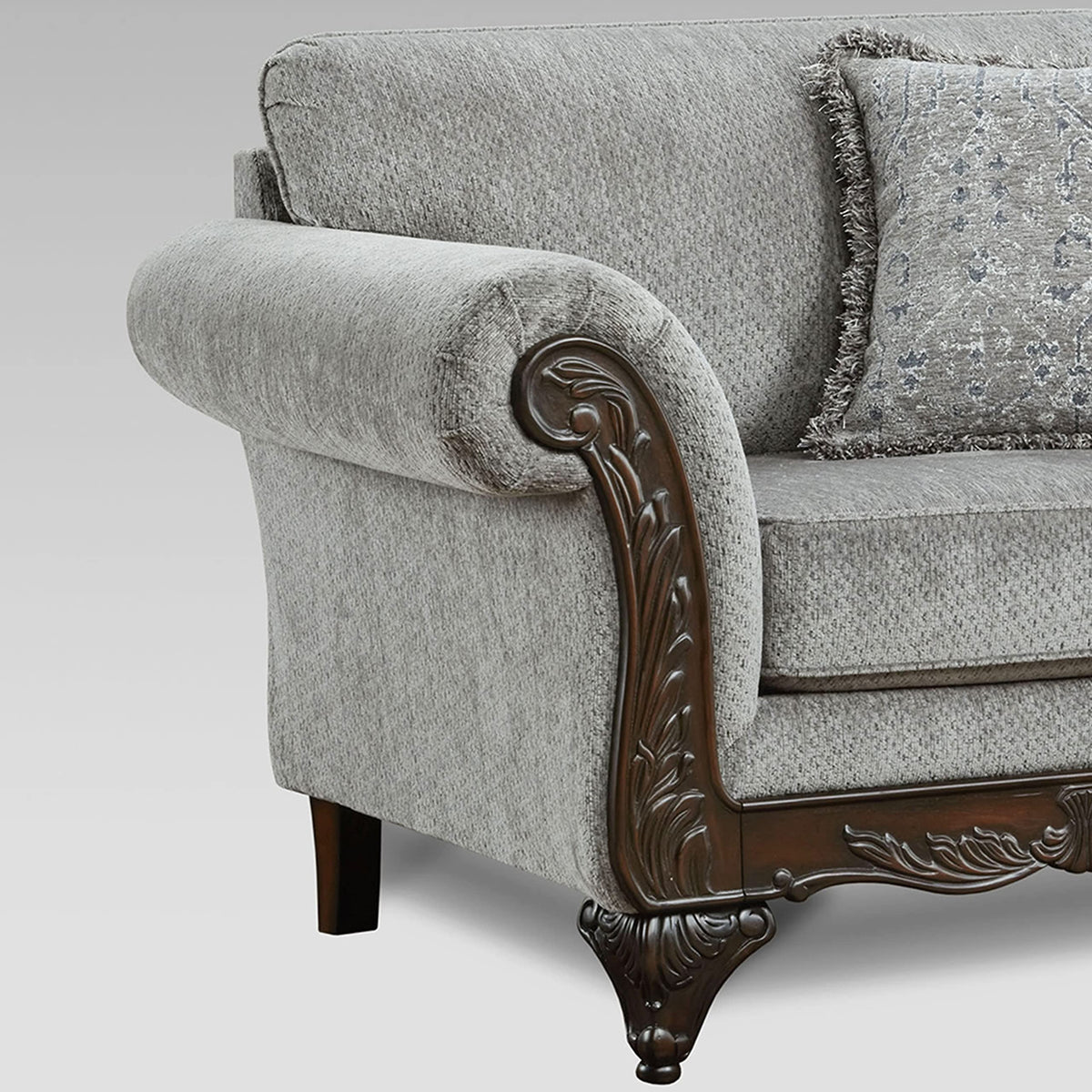 Hernen Carved Wood Frame Loveseat, Gray