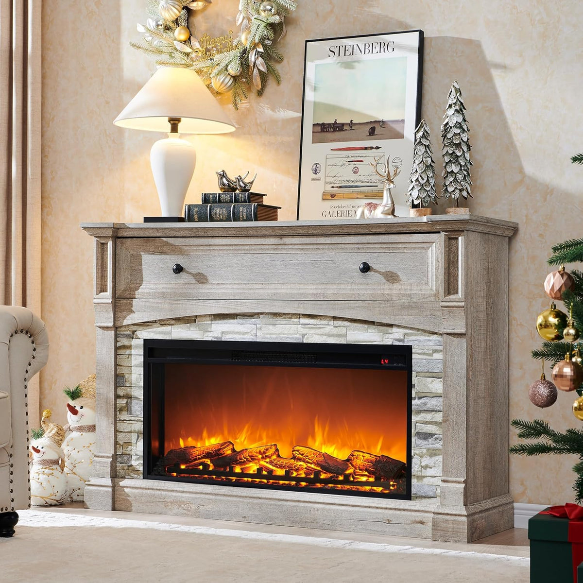 52 Inch Farmhouse Electric Fireplace with Mantel, Tall Fireplace TV Stand with Open Cubby, 36 Inch Freestanding Electric Fireplace Heater, Adjustable 3D Flame, Rustic Oak