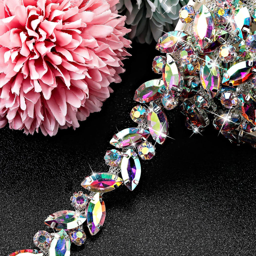 Crystal Rhinestone Chain Trim Leaf Flower Sewing, 3 Yards, AB