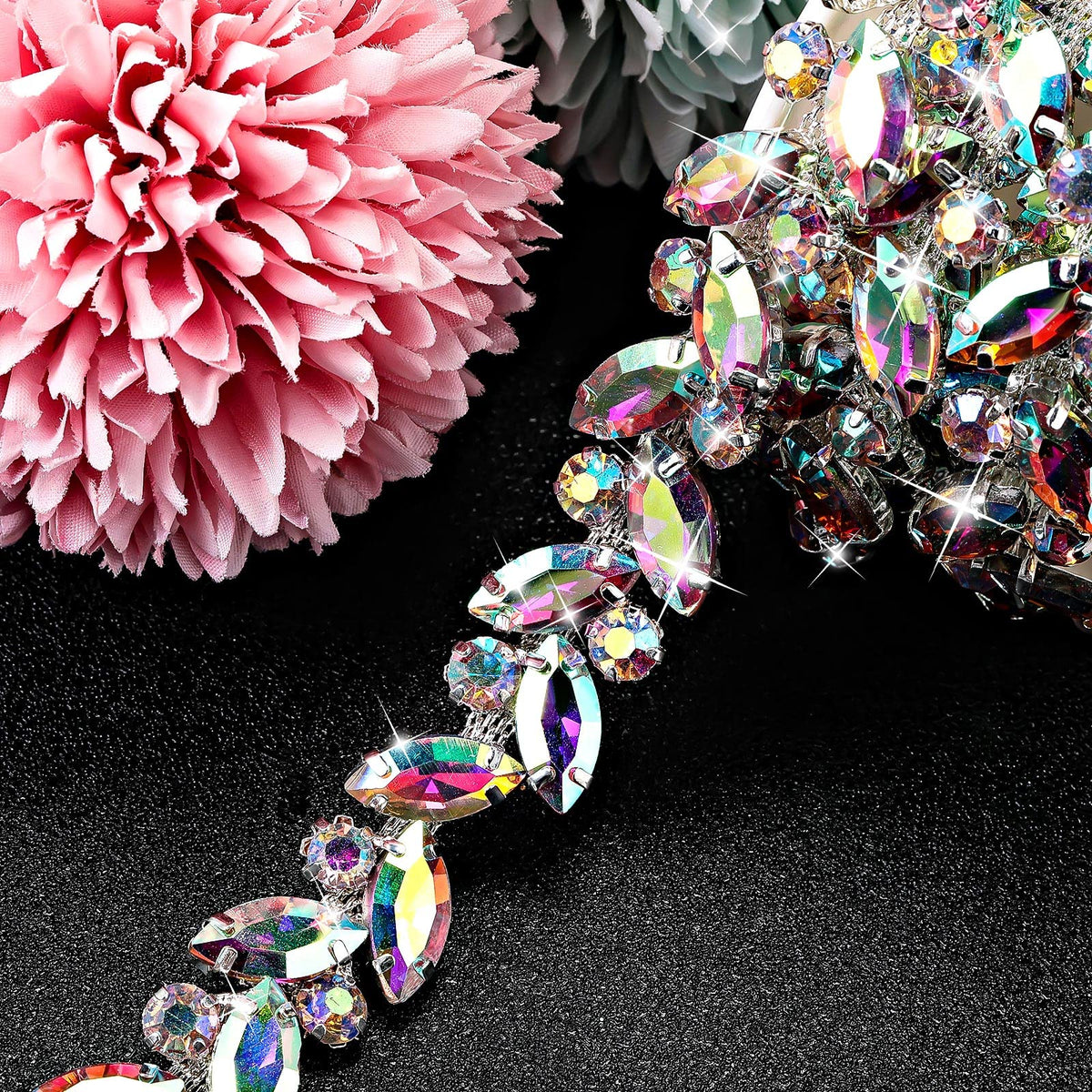 Crystal Rhinestone Chain Trim Leaf Flower Sewing, 3 Yards, AB