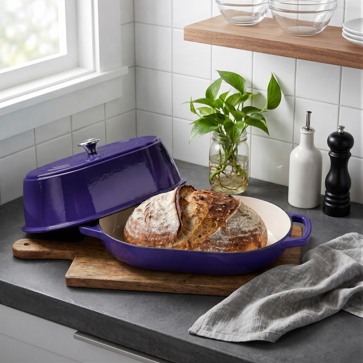 Enameled Cast Iron Dutch Oven Pot with Dome Lid, Oval Bread Oven made Sourdough Bread Baking, Oven Safe up to 500°F