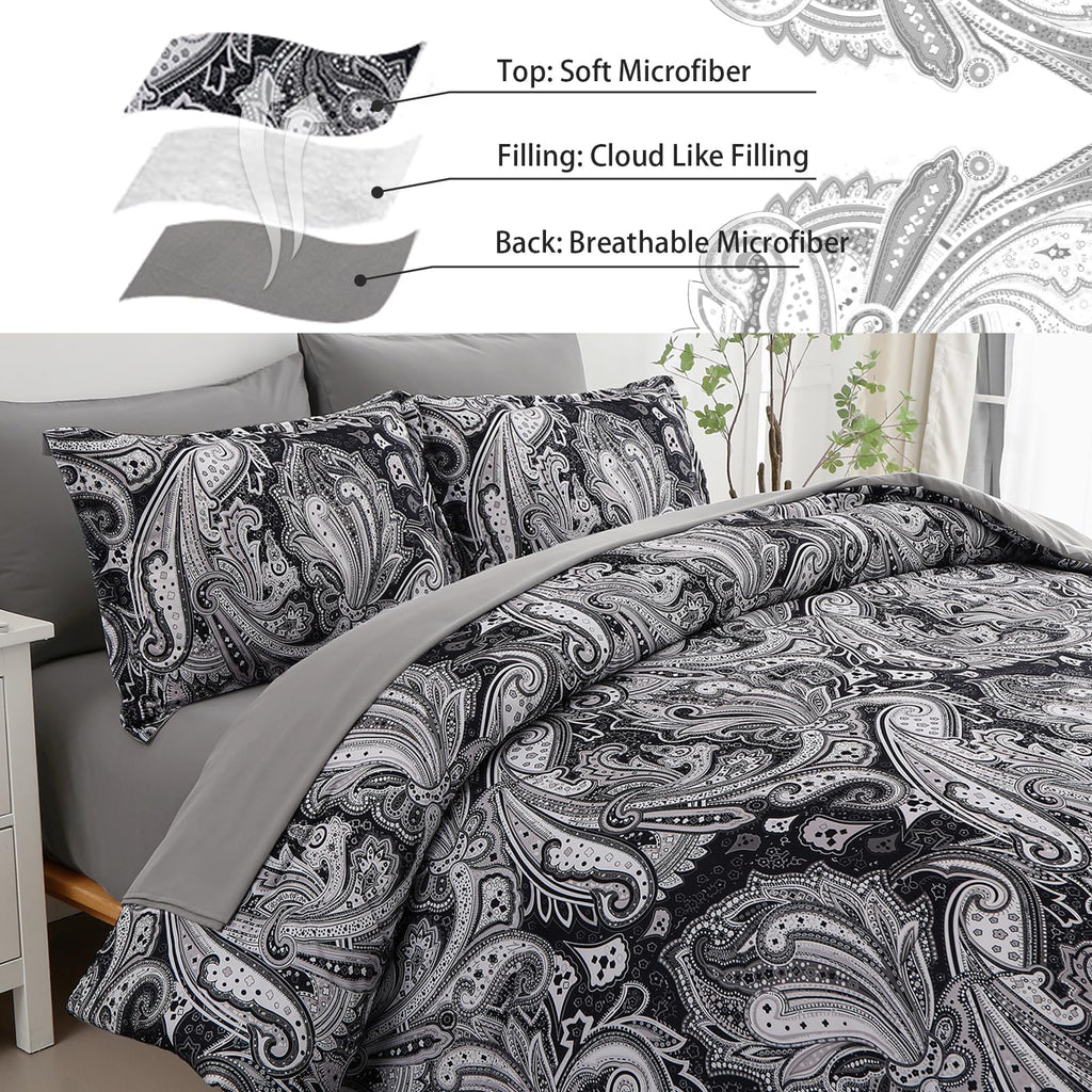 Paisley Comforter Set Queen Size 7 Piece Black and Grey Bed in a Bag