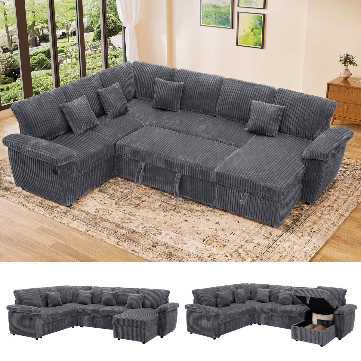 Modular Sectional Sleeper Sofa with Pull Out Bed, 104" U Shaped 7 Seat Cloud Sectional Couches, Comfy Corduroy Couch