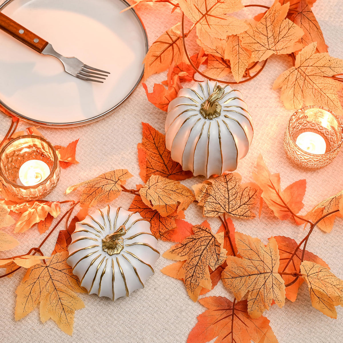 Fall Pumpkin Decor, 2Pcs Resin Thanksgiving Fake Pumpkin Figurines