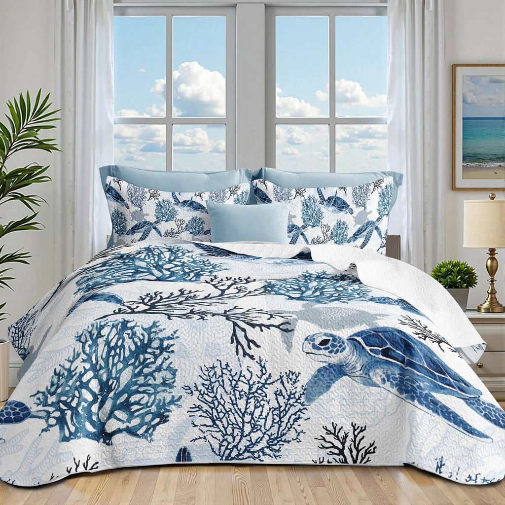 Nautical Queen Quilt Set, Coastal Sea Turtle Bedding, 3 Piece, 90"x96"