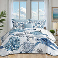 Nautical Queen Quilt Set, Coastal Sea Turtle Bedding, 3 Piece, 90"x96"