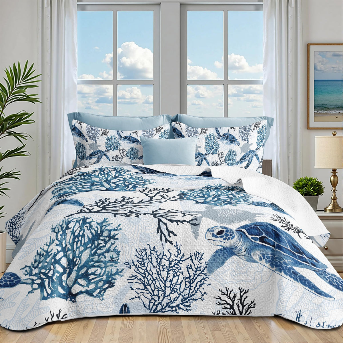 Nautical Queen Quilt Set, Coastal Sea Turtle Bedding, 3 Piece, 90"x96"