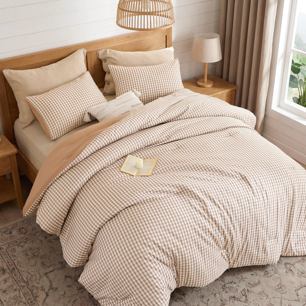 Gingham Comforter Set, 3 Pieces Tan Plaid Comforter Set