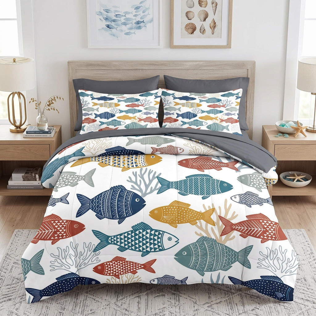 7 Pcs Comforter Set, Fish Ocean Bedding