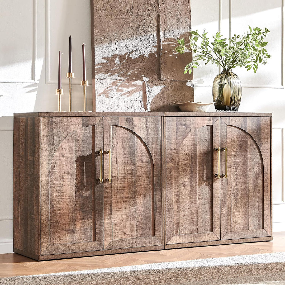 Arched Door Sideboard Buffet Cabinet Set of 2, Rustic Oak | Modular, Multi-Compartment Storage, Adjustable Shelf