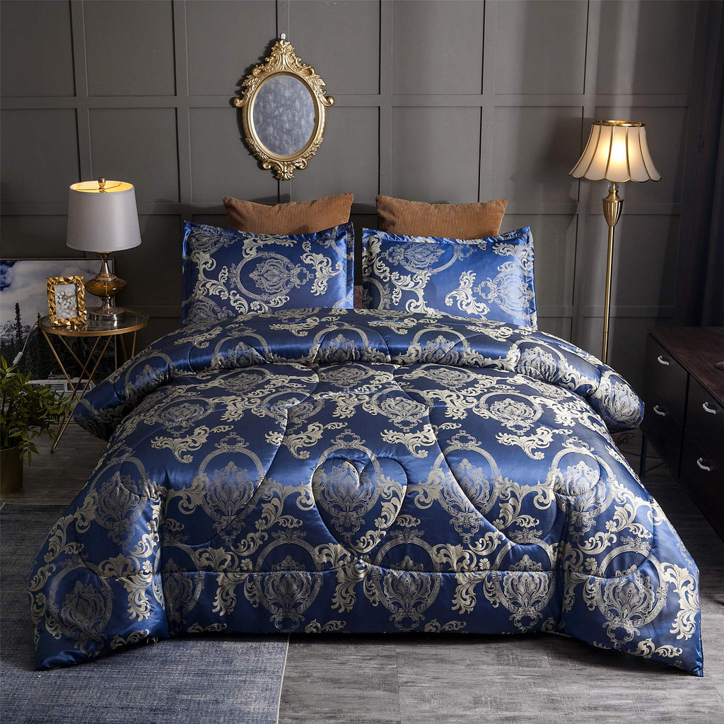 Comforter Set Silk Blanket All Season Bed Comforter Set Royal Blue Jacquard Quilt Soft Microfiber Bedding