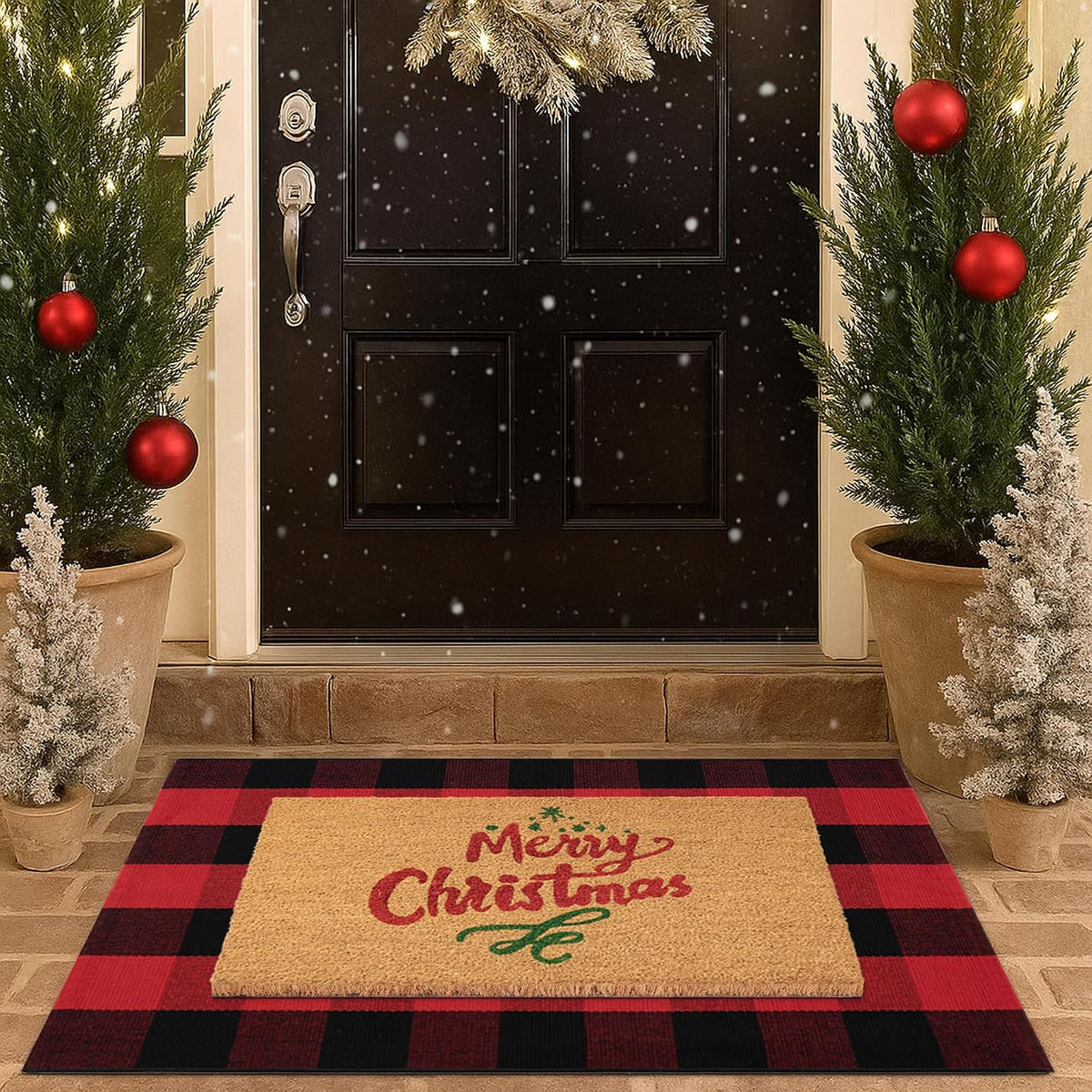 Christmas Door Mat Combo Set - 100% Coco Coir Welcome Mat + 28 x 43 Inch Red and Black Plaid Rug, New Year Holiday