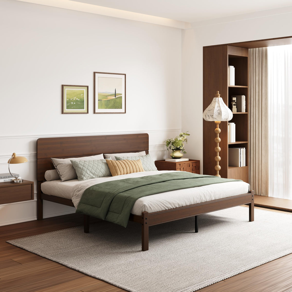14" King Size Bamboo Wood Platform Bed Frame with Headboard, Walnut