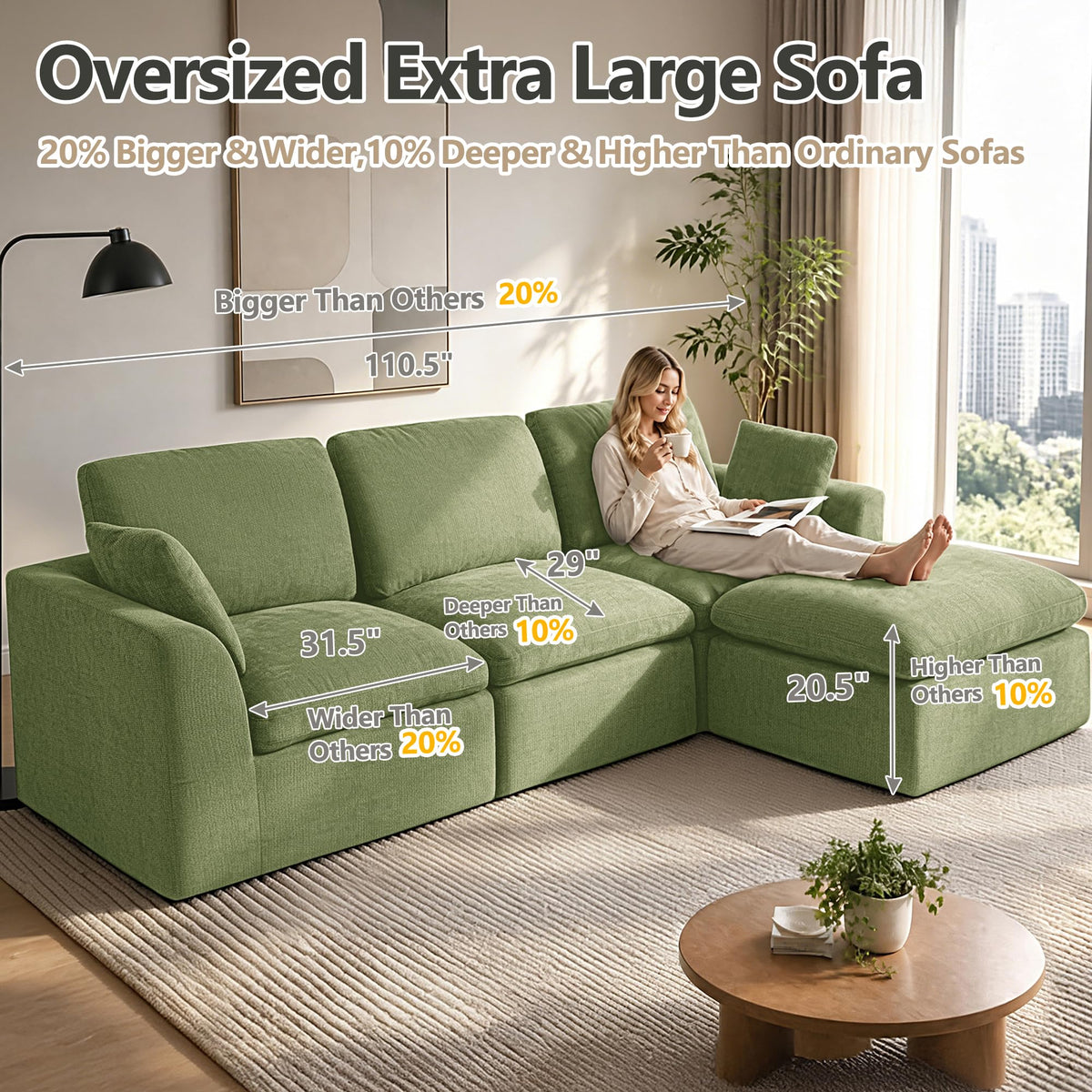 Oversized 143" Double-Layered and Soft Cloud Couch Modular Sectional Sofa Boneless Couches 6-Seater U-Shape Couch