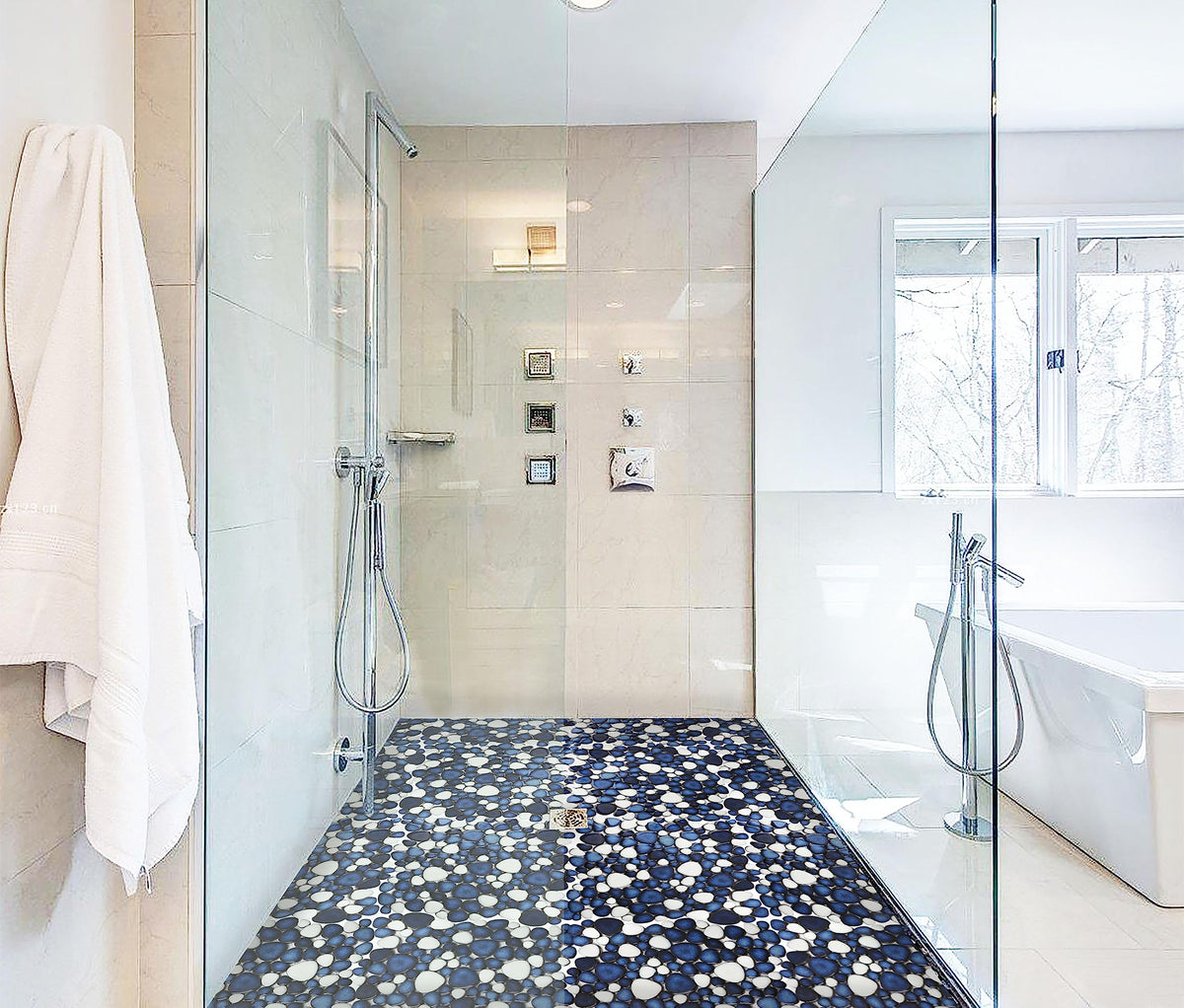 Pebble Ceramic Tiles 5 Sheets, Heart-Shaped 12x12 Floor Tile Ceramic, Dark Blue Mosaic Tiles Mesh Mounted, Waterproof