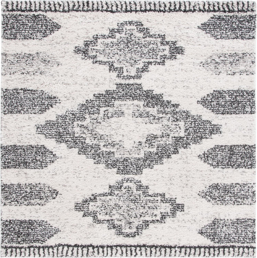 Jericho Shag Collection Area Rug - 6'7" Square, Ivory & Black, Moroccan Boho Design, Non-Shedding & Easy Care