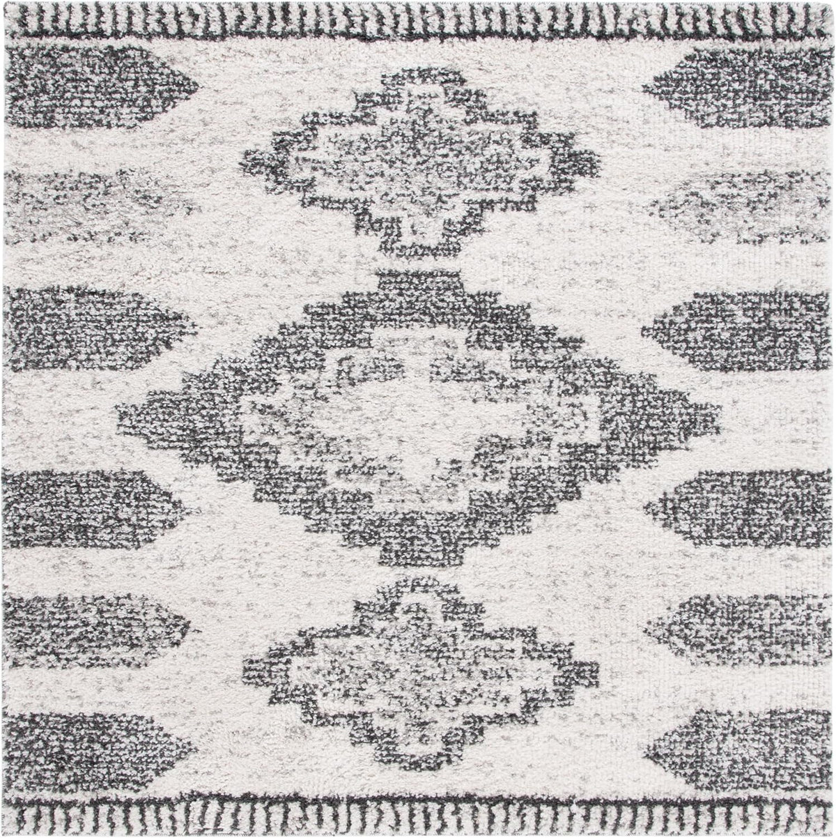 Jericho Shag Collection Area Rug - 6'7" Square, Ivory & Black, Moroccan Boho Design, Non-Shedding & Easy Care