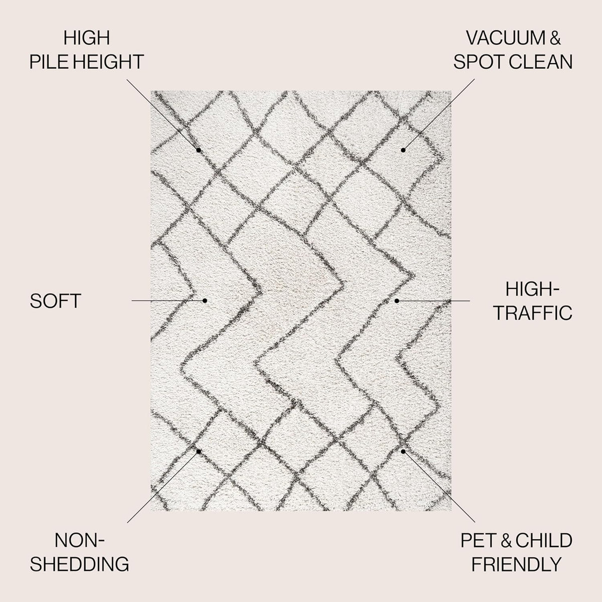Diamond Shag Beige/Dark Gray Indoor Area Rug, Inca Moroccan, Easy-Cleaning, High Traffic, Pet-Friendly