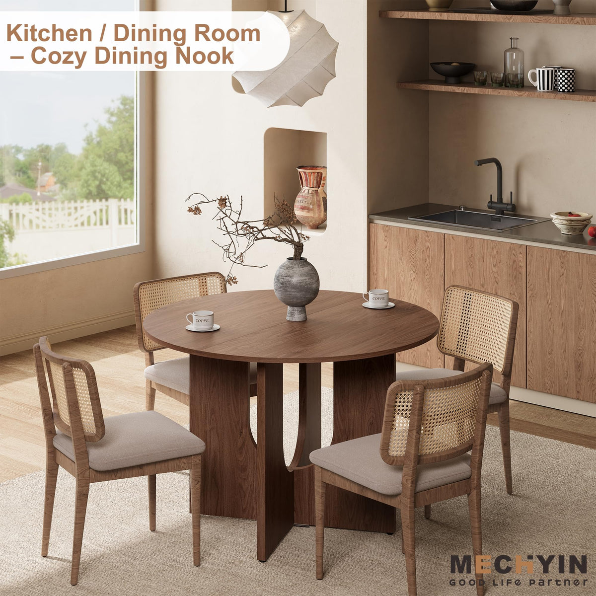 Inspired Saarinen Style Round Dining Table for 4, 43" Mid Century Kitchen Table with Sculptural U-Shaped Pedestal Base, Walnut Dinner Table