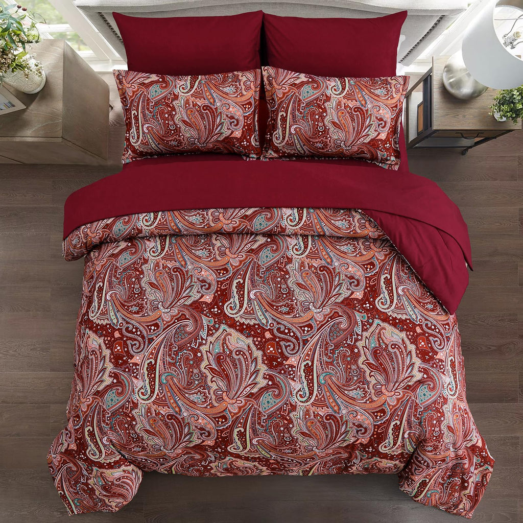 Red Paisley Comforter Set Queen Size 7 Piece Bed in a Bag