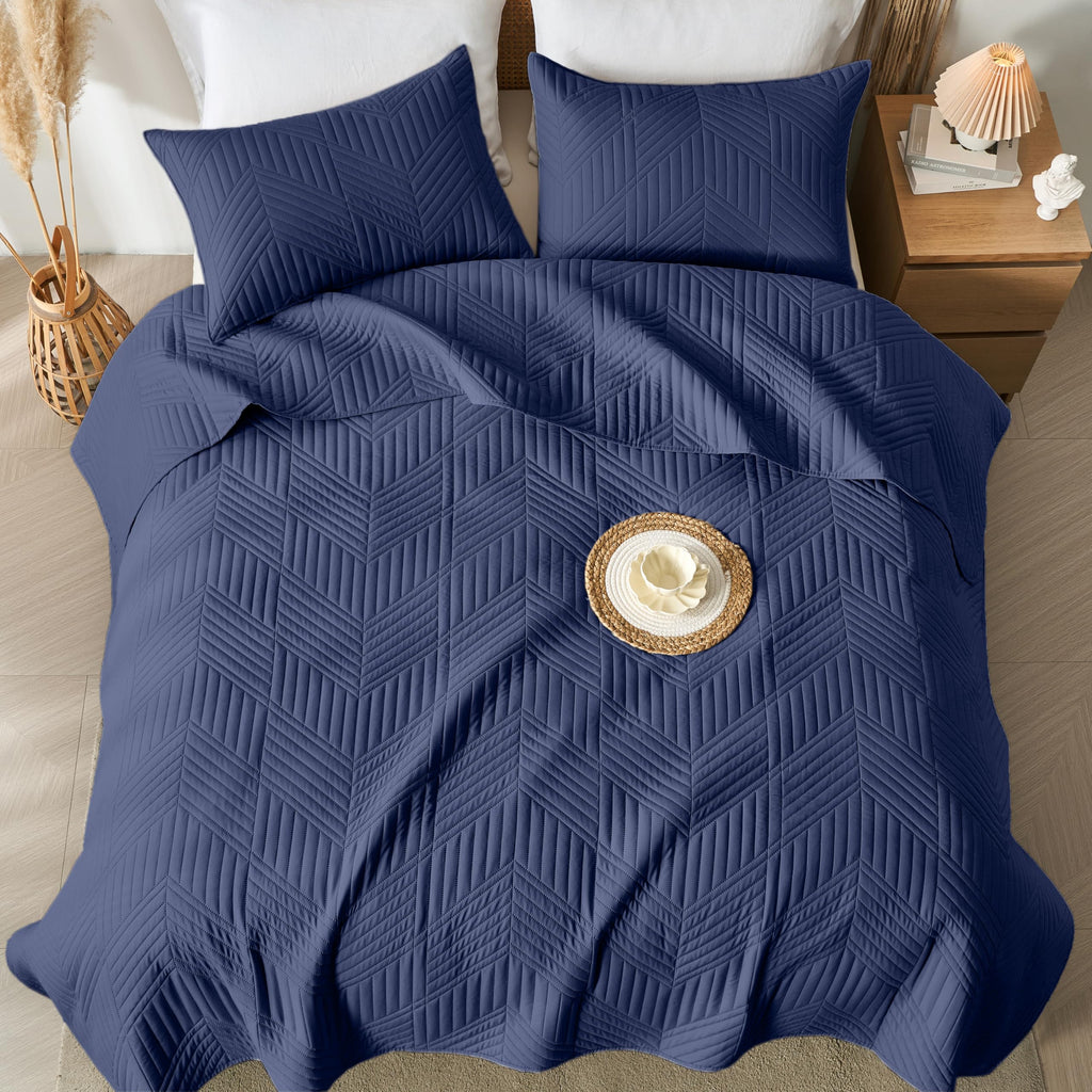Quilt Bedding Set, Navy Blue Ultrasonic Quilt Set Reversible Microfiber Bedspread, Lightweight Soft