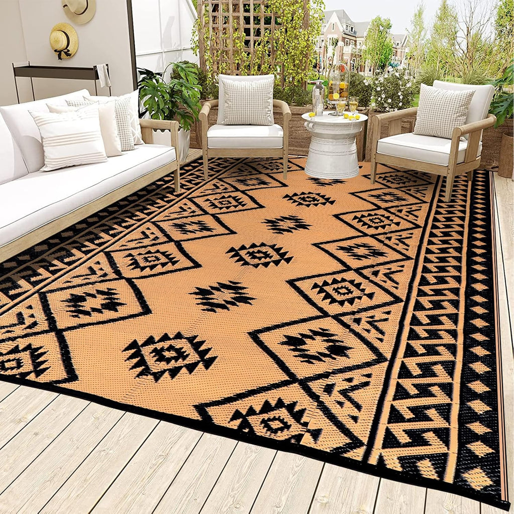 Outdoor Rug Waterproof Patio Rug Plastic Rug Black & Brown