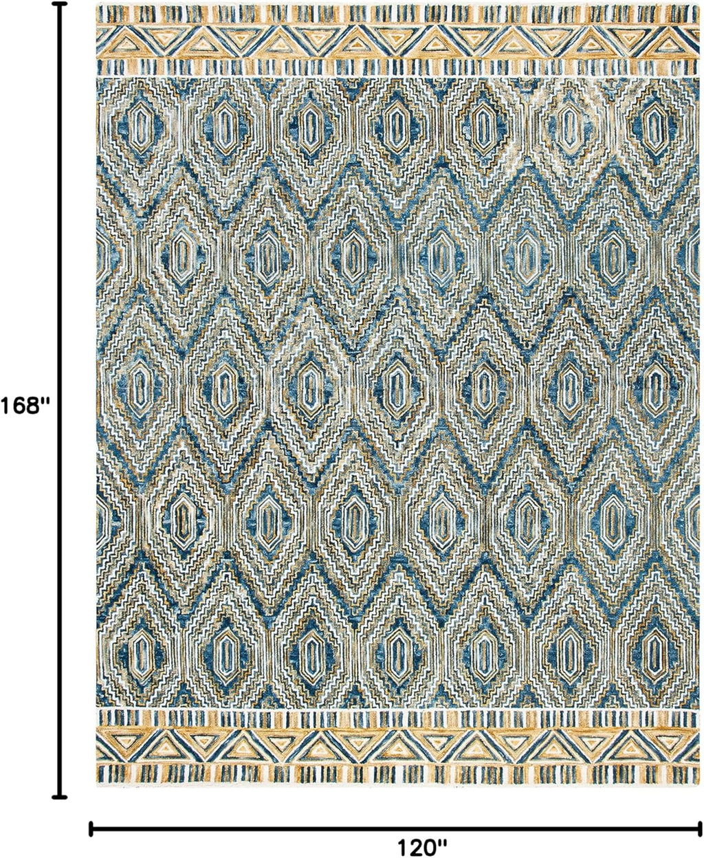 Aspen Collection Area Rug, Blue & Gold, Handmade Boho Wool, Ideal for High Traffic Areas in Living Room
